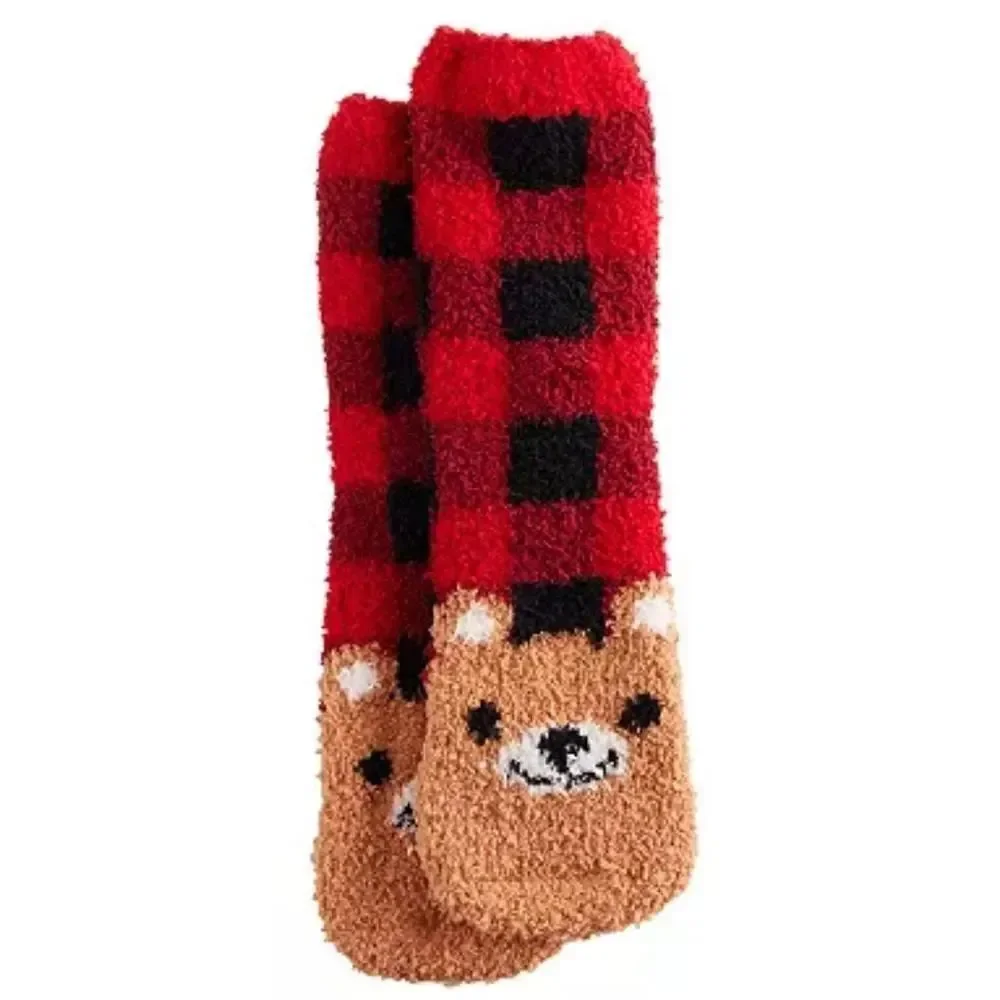 🩵NWT Cozy Red & Black Buffalo Plaid Bear Crew Socks
